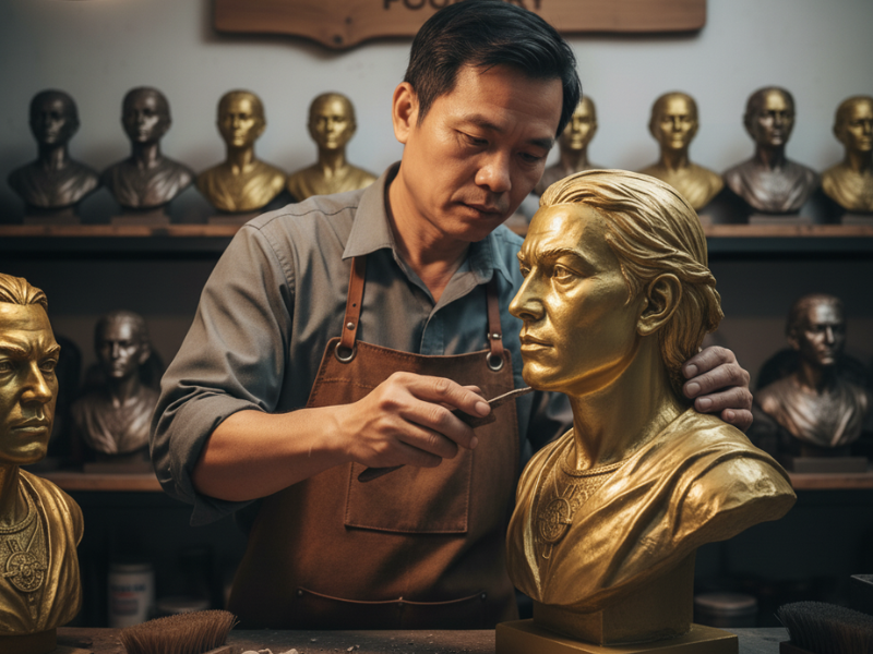 Nghệ nhân Viking đánh bóng và hoàn thiện bề mặt tượng đồng chân dung.