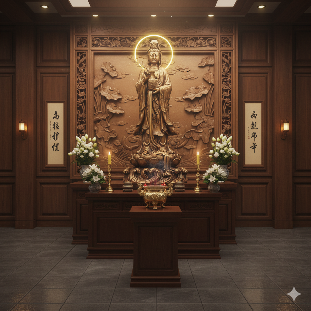 Không gian thờ Quan Âm Nam Hải trang nghiêm, ánh sáng hài hòa, toát lên vẻ thanh tịnh và linh thiêng