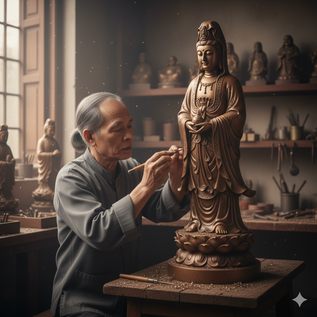 Nghệ nhân đang tỉ mỉ hoàn thiện tượng quan Âm Nam Hải