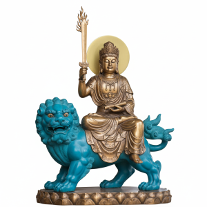 Tượng Văn Thù Sư Lợi Bồ Tát bằng đồng, tay cầm kiếm trí tuệ, ngồi trên sư tử xanh uy nghi.