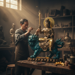 Nghệ nhân đang hoàn thiện tượng Văn Thù Sư Lợi bằng đồng dát vàng tại xưởng đúc thủ công