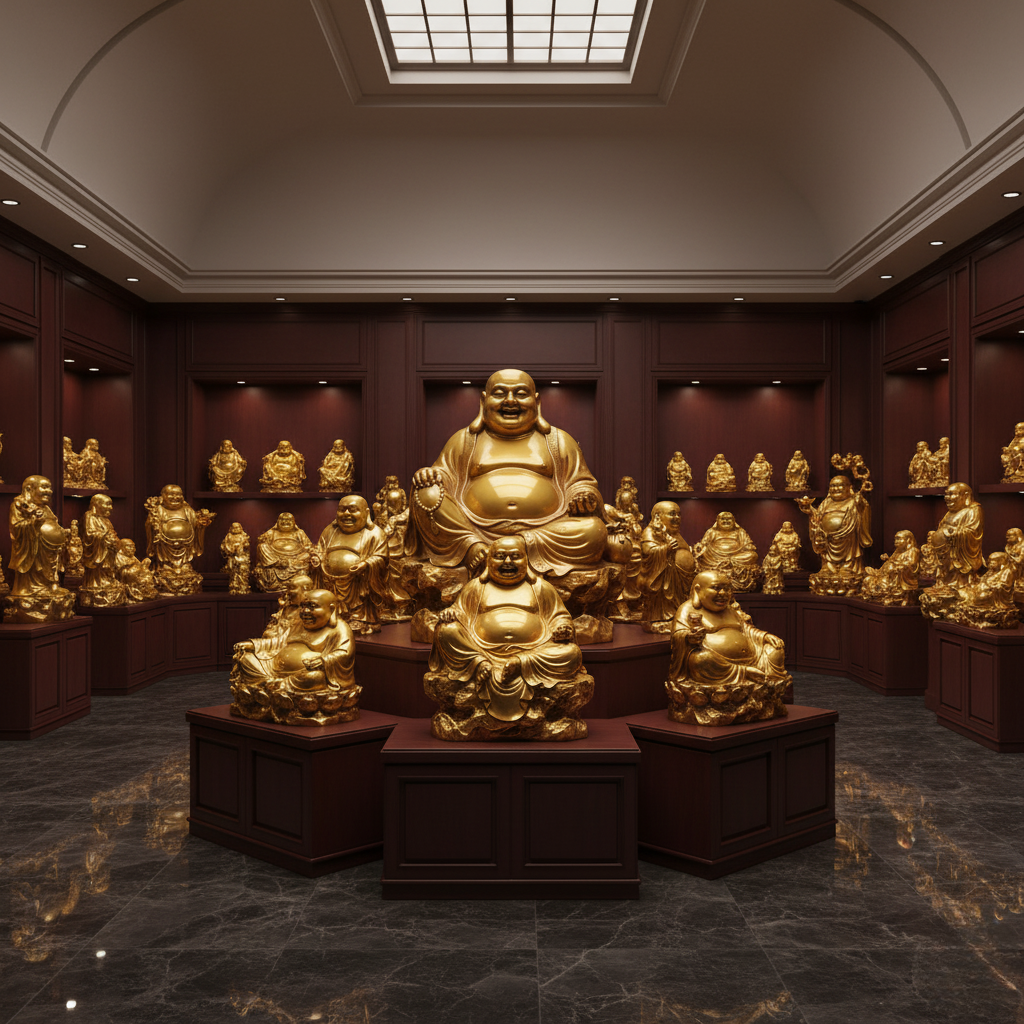 Không gian trưng bày tượng Di Lặc bằng đồng – đa dạng mẫu mã và kích thước.