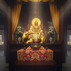 Không gian thờ tượng Phổ Hiền Bồ Tát bằng đồng tại chùa – trang nghiêm và tỏa ánh kim rực rỡ