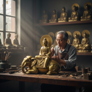 Nghệ nhân đang chạm khắc tượng Phổ Hiền Bồ Tát bằng đồng vàng tại xưởng đúc thủ công