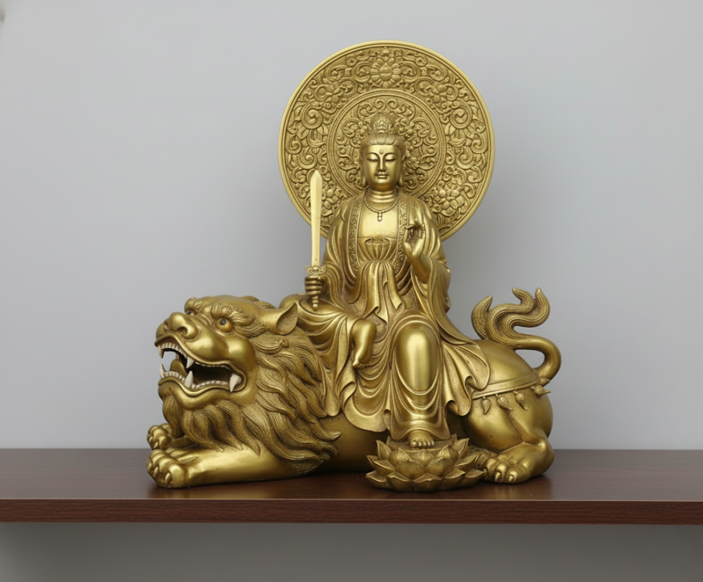 Tượng VĂN THÙ SƯ LỢI BỒ TÁT Bằng Đồng – Biểu Tượng Đại Trí Bát Nhã Và Kiếm Trí Tuệ Cắt Đứt Vô Minh