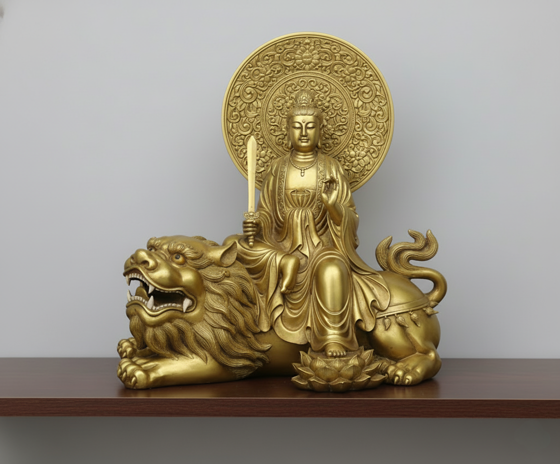 Tượng VĂN THÙ SƯ LỢI BỒ TÁT Bằng Đồng – Biểu Tượng Đại Trí Bát Nhã Và Kiếm Trí Tuệ Cắt Đứt Vô Minh