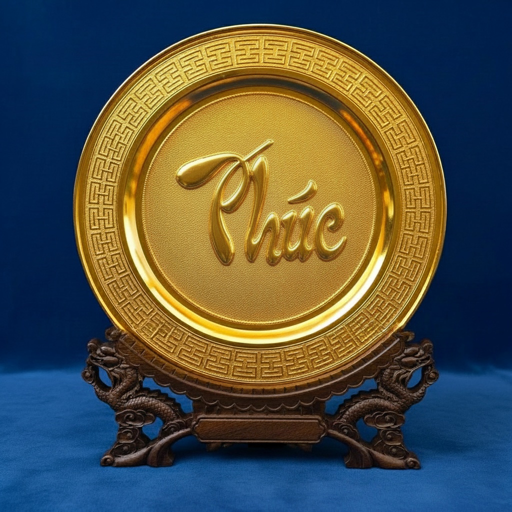 ĐĨA ĐỒNG ĐÚC NGUYÊN KHỐI CHỮ PHÚC THƯ PHÁP