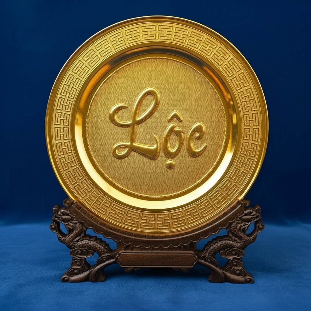 ĐĨA ĐỒNG ĐÚC NGUYÊN KHỐI CHỮ LỘC THƯ PHÁP