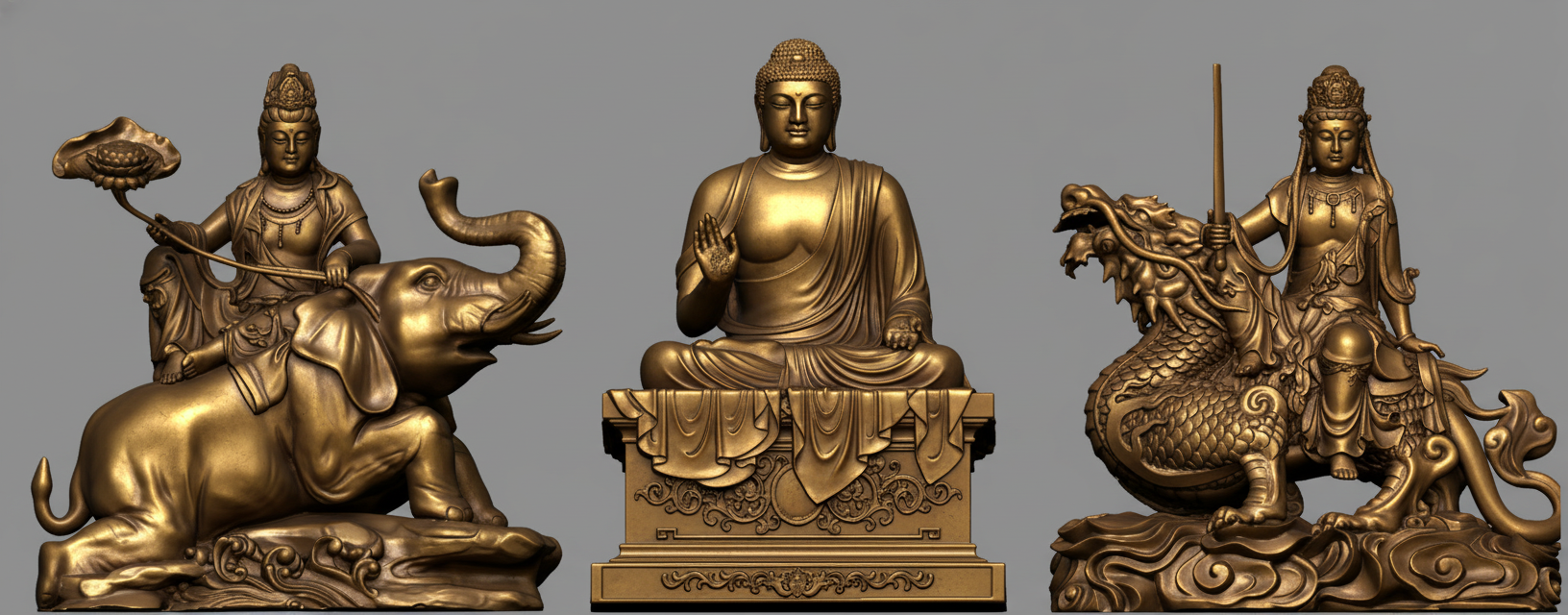 BỘ TƯỢNG ĐÚC ĐỒNG HOA NGHIÊM TAM THÁNH – BIỂU TƯỢNG PHÁP GIỚI, TRÍ TUỆ VÀ HẠNH NGUYỆN VIÊN MÃN